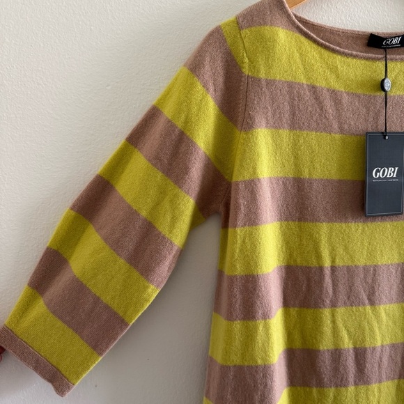 NWT Gobi Mongolian Cashmere Striped Yellow Tan Sweater Dress size Large - Picture 5 of 14